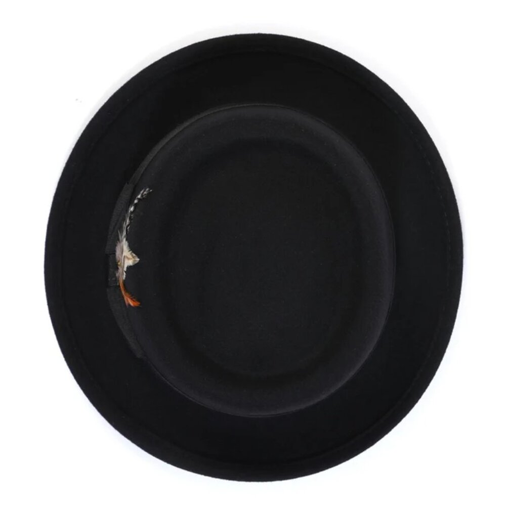 MONTIQUE BLACK PORK PIE  FEDORA WITH FEATHER . H-88 - Picture 3 of 4